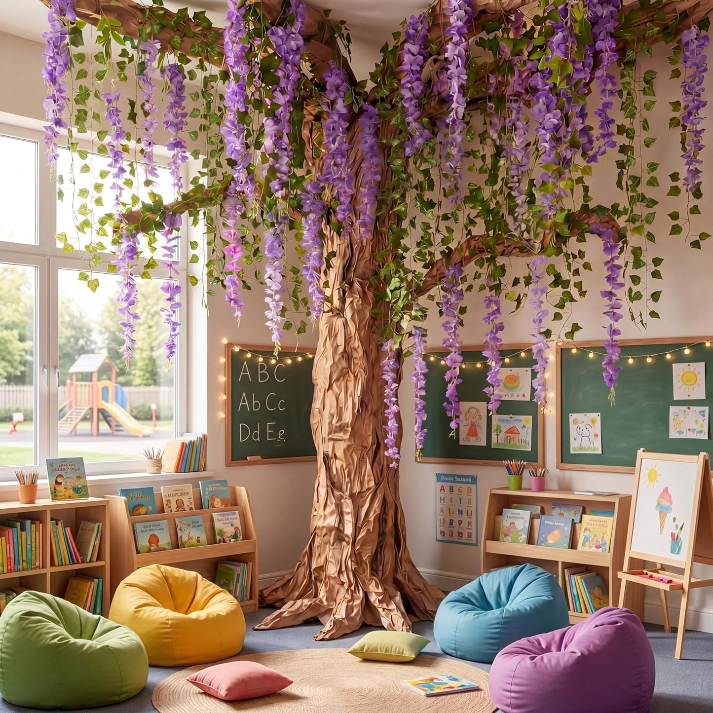 3D Wisteria Tree Decor 18 Pcs 54 Branches Wisteria Hanging Flower 5 Pcs Artificial Vine and 98.4 ft Kraft Paper Fairy Forest Decorations for Classroom Reading Corner(Purple)