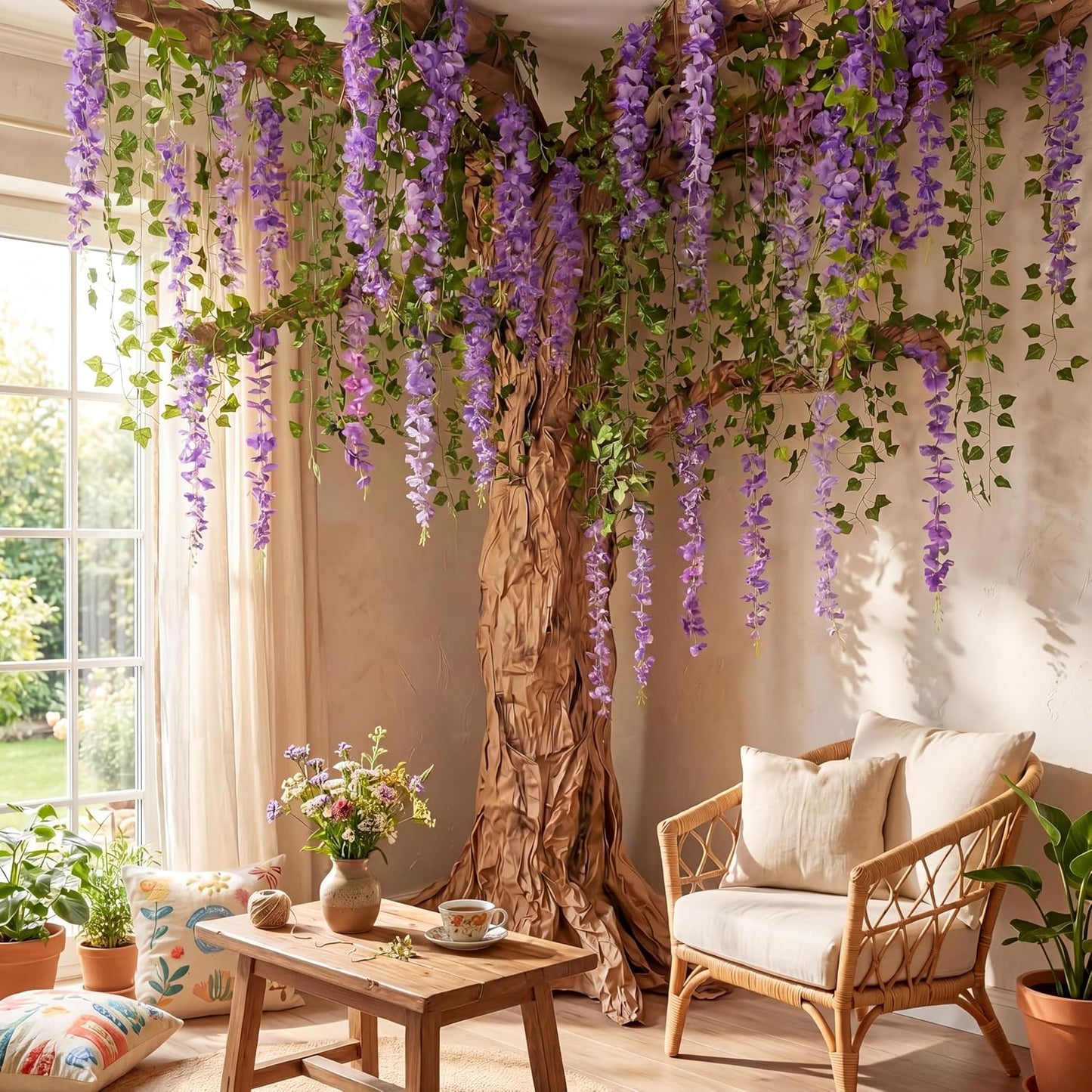 3D Wisteria Tree Decor 18 Pcs 54 Branches Wisteria Hanging Flower 5 Pcs Artificial Vine and 98.4 ft Kraft Paper Fairy Forest Decorations for Classroom Reading Corner(Purple)