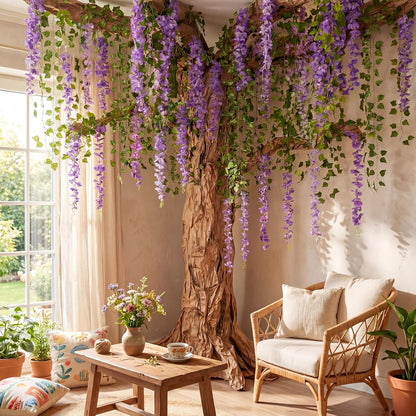 3D Wisteria Tree Decor 18 Pcs 54 Branches Wisteria Hanging Flower 5 Pcs Artificial Vine and 98.4 ft Kraft Paper Fairy Forest Decorations for Classroom Reading Corner(Purple)