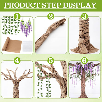 3D Wisteria Tree Decor 18 Pcs 54 Branches Wisteria Hanging Flower 5 Pcs Artificial Vine and 98.4 ft Kraft Paper Fairy Forest Decorations for Classroom Reading Corner(Purple)