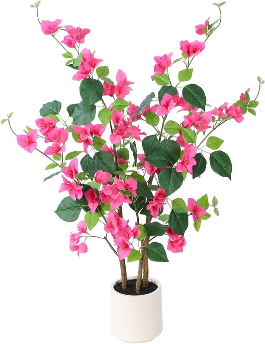 39.4 inch Artificial Bougainvillea Tree，Faux Flowers Plants with White Decorative Planter,Fake Tree for Living Room,Porch, Garden, Indoors & Outdoors,M100