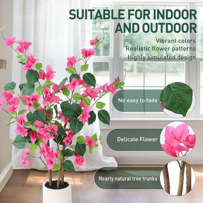 39.4 inch Artificial Bougainvillea Tree，Faux Flowers Plants with White Decorative Planter,Fake Tree for Living Room,Porch, Garden, Indoors & Outdoors,M100