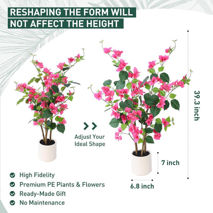 39.4 inch Artificial Bougainvillea Tree，Faux Flowers Plants with White Decorative Planter,Fake Tree for Living Room,Porch, Garden, Indoors & Outdoors,M100