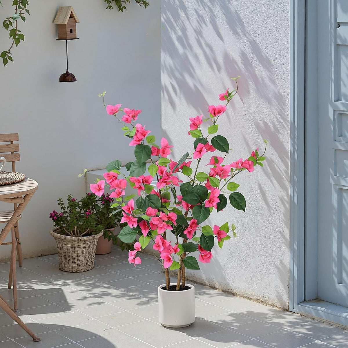 39.4 inch Artificial Bougainvillea Tree，Faux Flowers Plants with White Decorative Planter,Fake Tree for Living Room,Porch, Garden, Indoors & Outdoors,M100