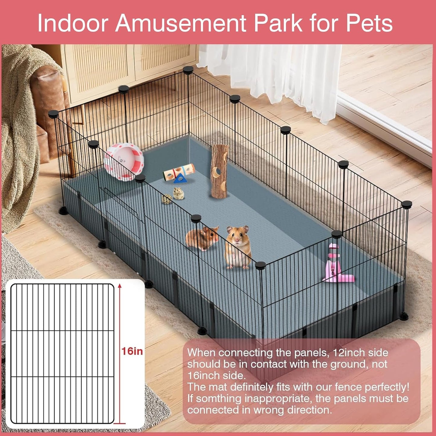 20 Panels Small Animal Playpen, 48" x 24" x 16" Pet Playpen with Waterproof Mat, C&C Cage for Guinea Pigs, Rabbit/Bunny/Baby Chicken Cage,Bunny/Puppy/Chicken Pen Indoor Outdoor Portable Metal Fence