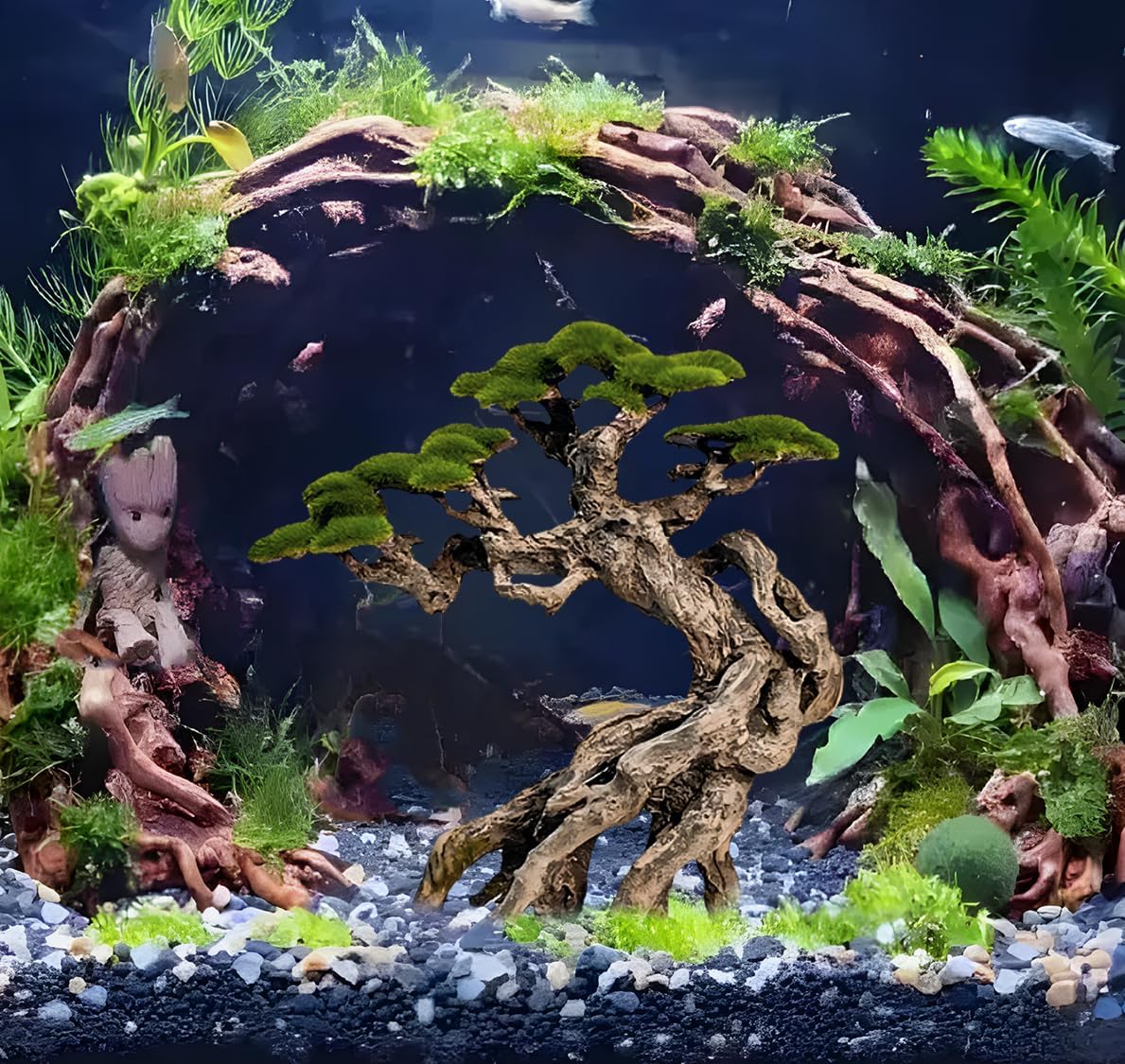 Fish Tank Decor- Bonsai Trees with Faux Moss- Aquarium Rocks Aquascaping- Made of Sandstone, Goldfish Betta Fish Tank Decorations Hides Accessories