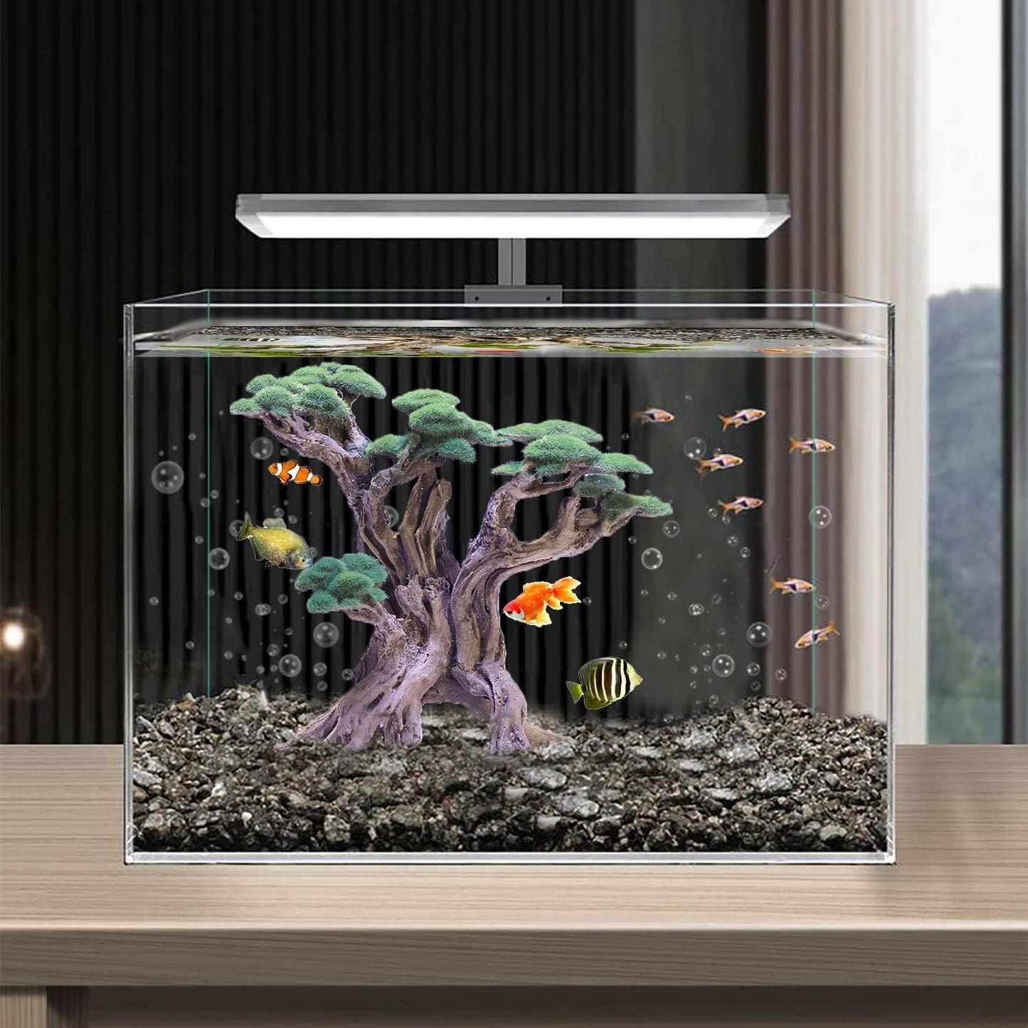 Fish Tank Decor- Bonsai Trees with Faux Moss- Aquarium Rocks Aquascaping- Made of Sandstone, Goldfish Betta Fish Tank Decorations Hides Accessories