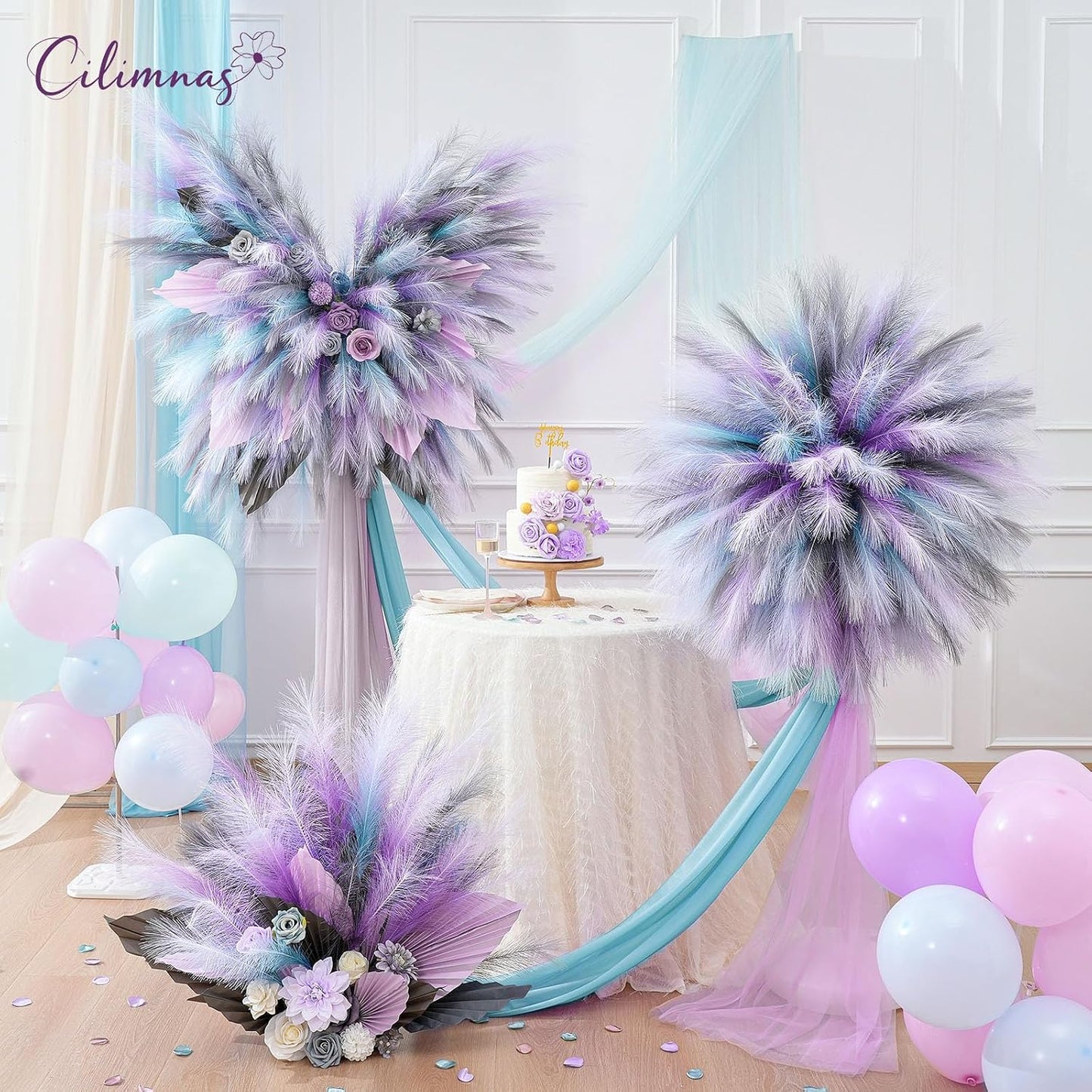 50pcs Faux Pampas Grass 17.7" Artificial Fluffy Pampas Grass Decor | Short Fake Pompos for Home Room Birthday Party Centerpieces Decoration(Gridient Blue)