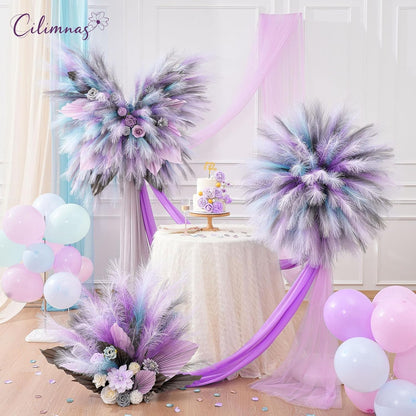 50pcs Faux Pampas Grass 17.7" Artificial Fluffy Pampas Grass Decor | Short Fake Pompos for Home Room Birthday Party Centerpieces Decoration(Gridient Blue)