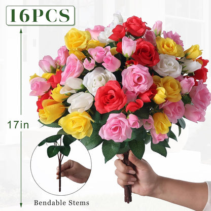 8 Bundles 17" Artificial Roses, Realistic Silk Bouquet Flower(Pink) | Fluffy and Vivid, Faux Rose Plants, Fake Greenery Stems, for Front Door/Garden/Farmhouse/Home/Outdoor/Spring/Summer Decor