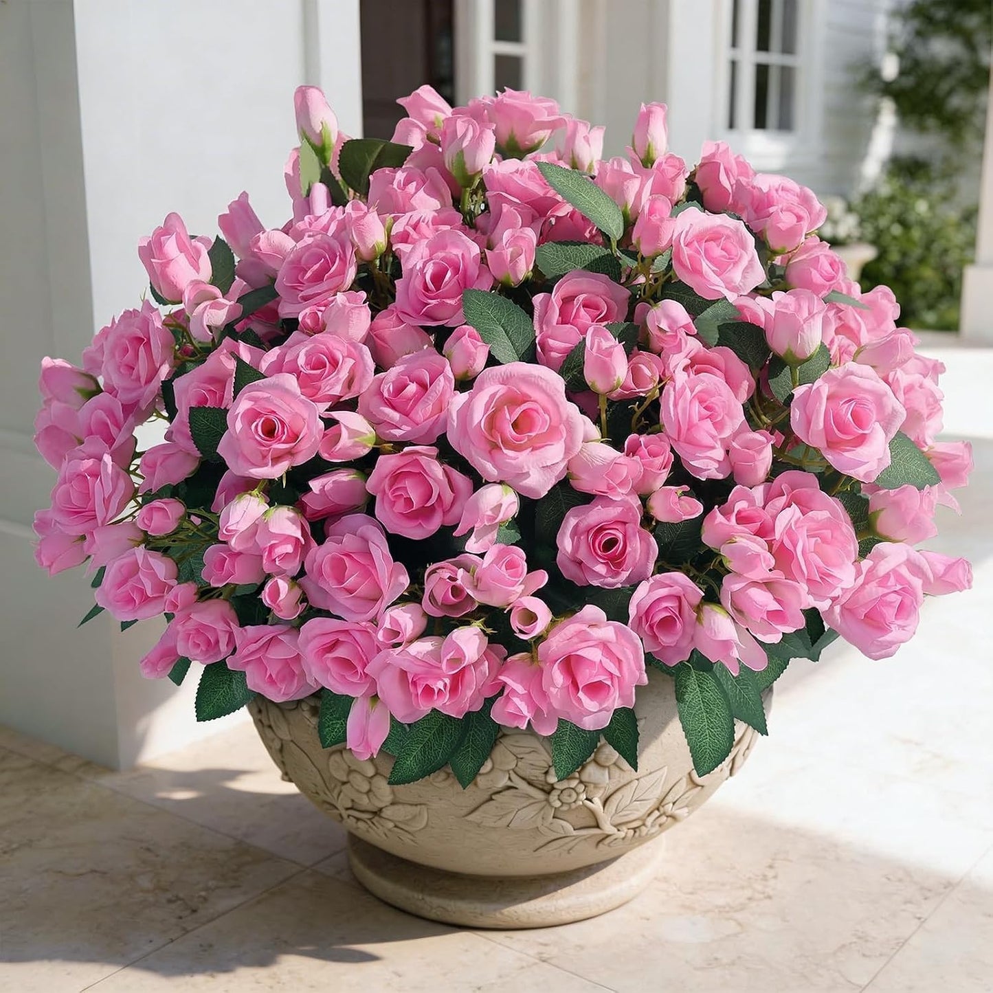 8 Bundles 17" Artificial Roses, Realistic Silk Bouquet Flower(Pink) | Fluffy and Vivid, Faux Rose Plants, Fake Greenery Stems, for Front Door/Garden/Farmhouse/Home/Outdoor/Spring/Summer Decor