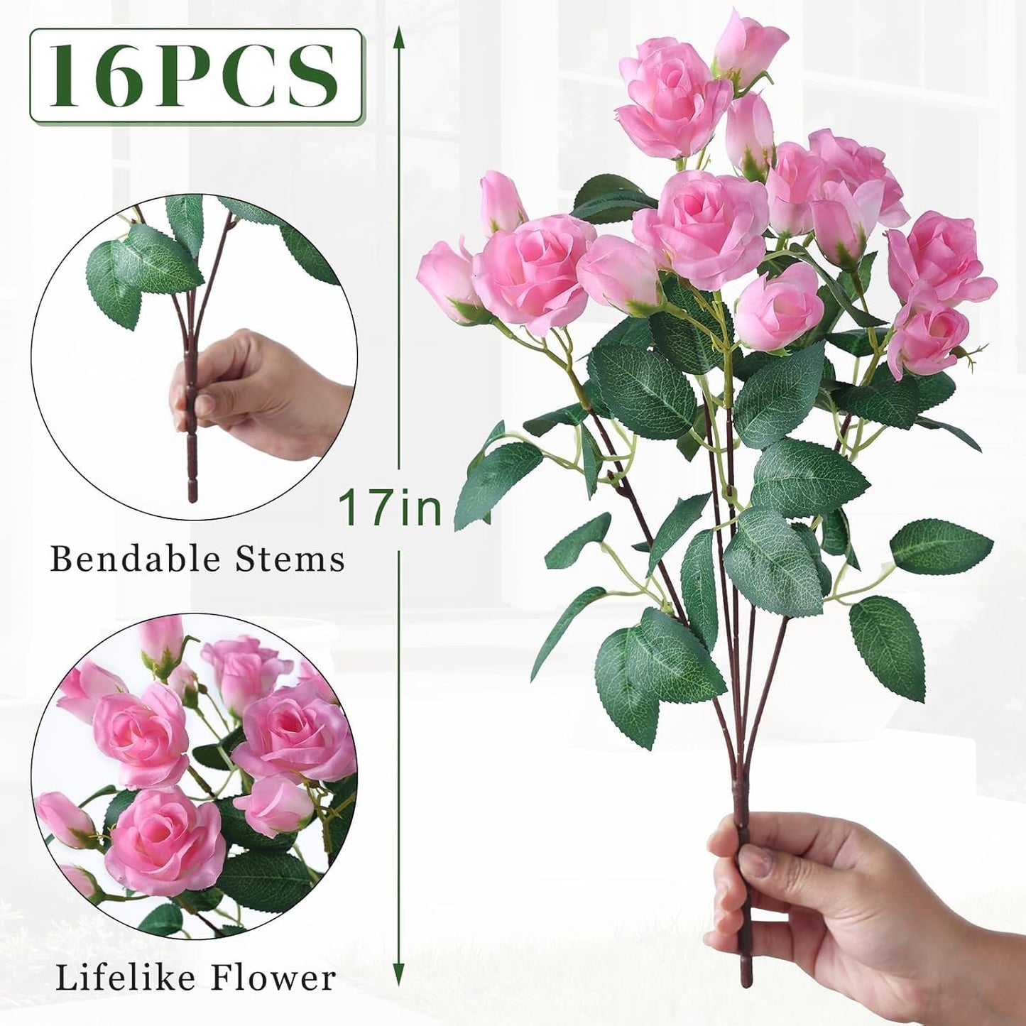 8 Bundles 17" Artificial Roses, Realistic Silk Bouquet Flower(Pink) | Fluffy and Vivid, Faux Rose Plants, Fake Greenery Stems, for Front Door/Garden/Farmhouse/Home/Outdoor/Spring/Summer Decor