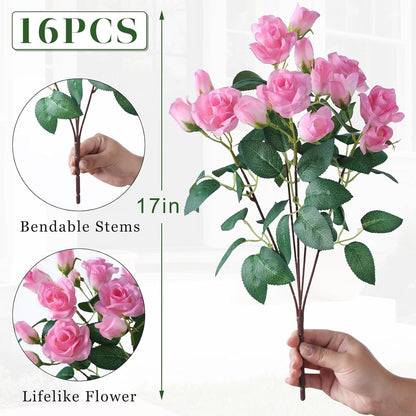 8 Bundles 17" Artificial Roses, Realistic Silk Bouquet Flower(Pink) | Fluffy and Vivid, Faux Rose Plants, Fake Greenery Stems, for Front Door/Garden/Farmhouse/Home/Outdoor/Spring/Summer Decor