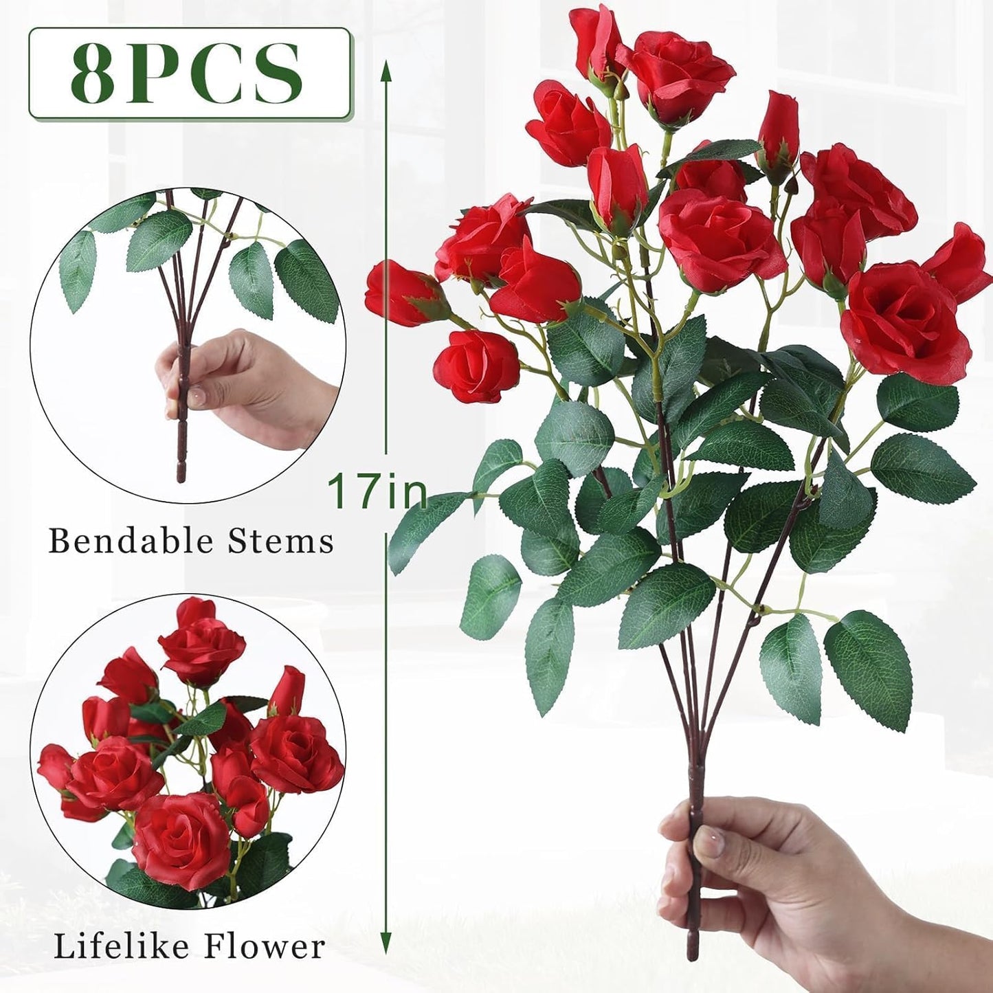 8 Bundles 17" Artificial Roses, Realistic Silk Bouquet Flower(Pink) | Fluffy and Vivid, Faux Rose Plants, Fake Greenery Stems, for Front Door/Garden/Farmhouse/Home/Outdoor/Spring/Summer Decor