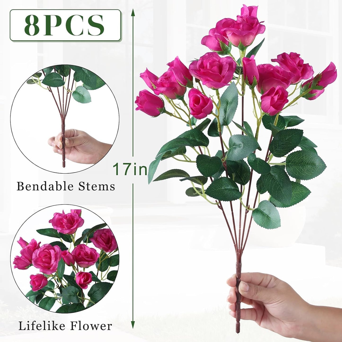 8 Bundles 17" Artificial Roses, Realistic Silk Bouquet Flower(Pink) | Fluffy and Vivid, Faux Rose Plants, Fake Greenery Stems, for Front Door/Garden/Farmhouse/Home/Outdoor/Spring/Summer Decor