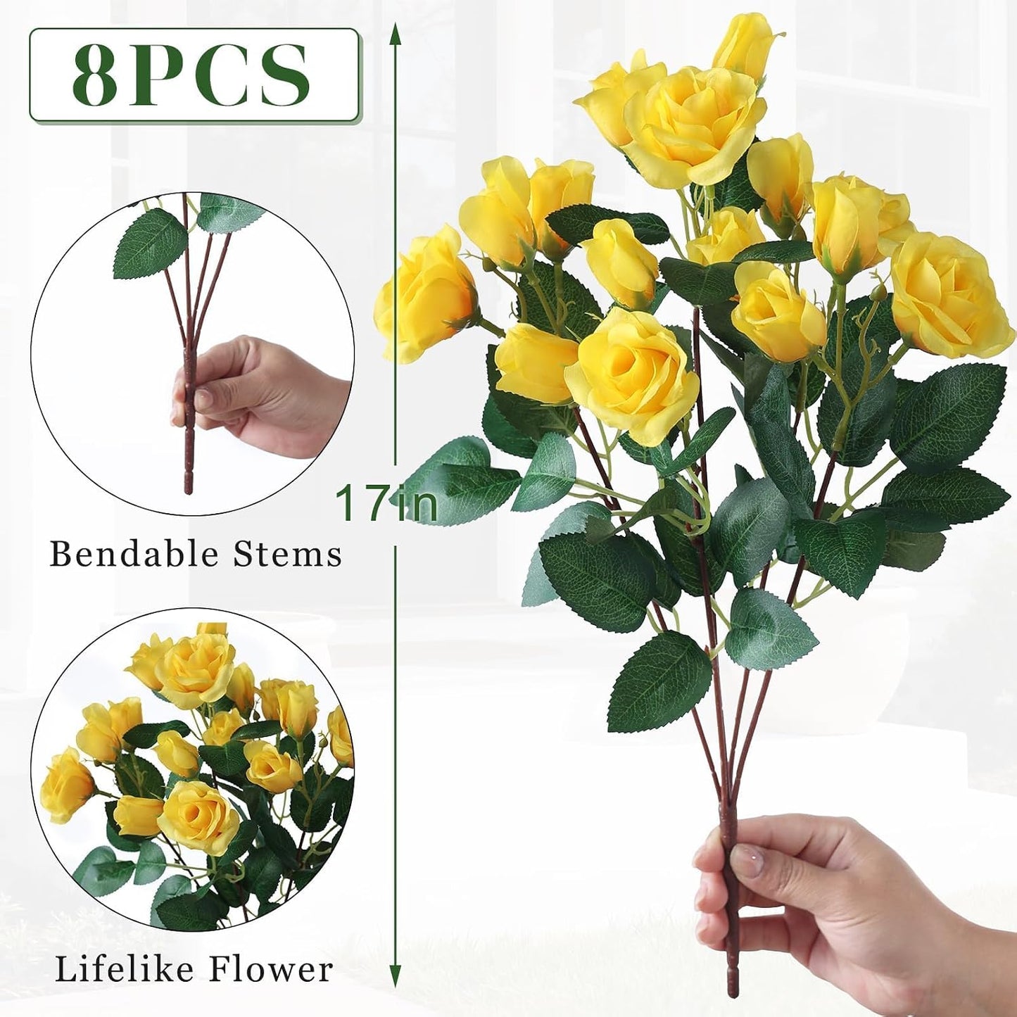 8 Bundles 17" Artificial Roses, Realistic Silk Bouquet Flower(Pink) | Fluffy and Vivid, Faux Rose Plants, Fake Greenery Stems, for Front Door/Garden/Farmhouse/Home/Outdoor/Spring/Summer Decor