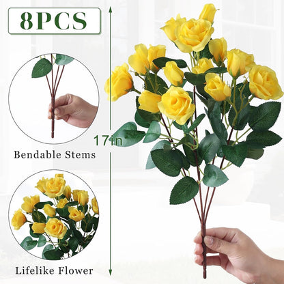 8 Bundles 17" Artificial Roses, Realistic Silk Bouquet Flower(Pink) | Fluffy and Vivid, Faux Rose Plants, Fake Greenery Stems, for Front Door/Garden/Farmhouse/Home/Outdoor/Spring/Summer Decor