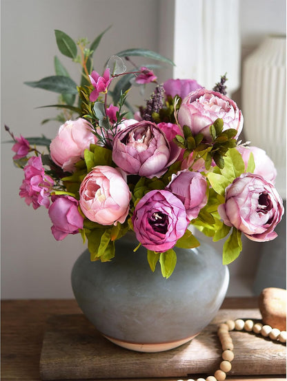 Artificial Peony Bouquet, Pink, Beige & Green Silk Flowers for Wedding Centerpieces, Bridal Bouquets & Home Decor – Spring Waltz