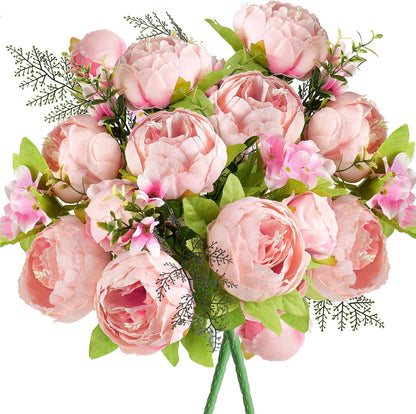 Artificial Peony Bouquet, Pink, Beige & Green Silk Flowers for Wedding Centerpieces, Bridal Bouquets & Home Decor – Spring Waltz
