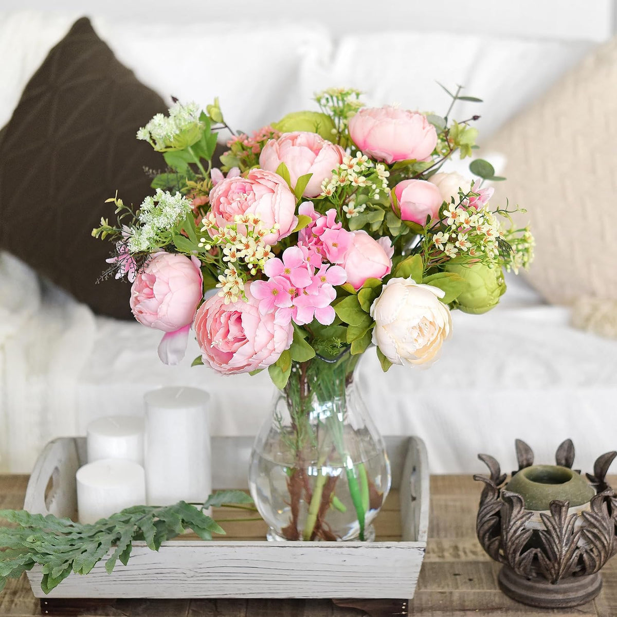 Artificial Peony Bouquet, Pink, Beige & Green Silk Flowers for Wedding Centerpieces, Bridal Bouquets & Home Decor – Spring Waltz