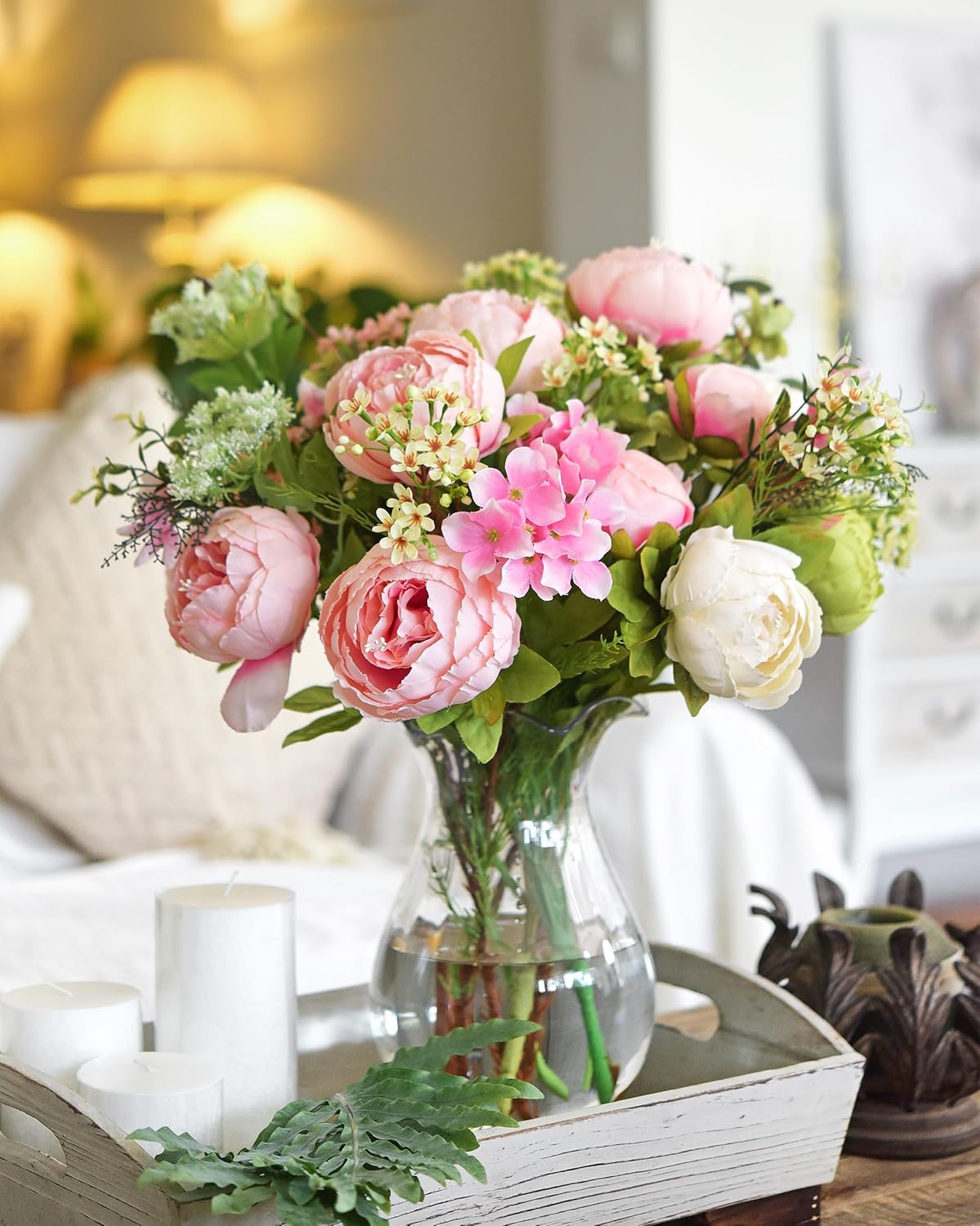 Artificial Peony Bouquet, Pink, Beige & Green Silk Flowers for Wedding Centerpieces, Bridal Bouquets & Home Decor – Spring Waltz