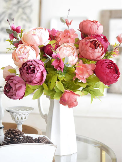 Artificial Peony Bouquet, Pink, Beige & Green Silk Flowers for Wedding Centerpieces, Bridal Bouquets & Home Decor – Spring Waltz