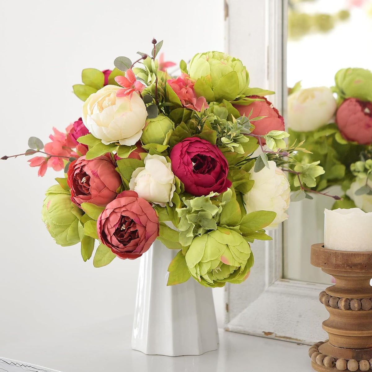 Artificial Peony Bouquet, Pink, Beige & Green Silk Flowers for Wedding Centerpieces, Bridal Bouquets & Home Decor – Spring Waltz