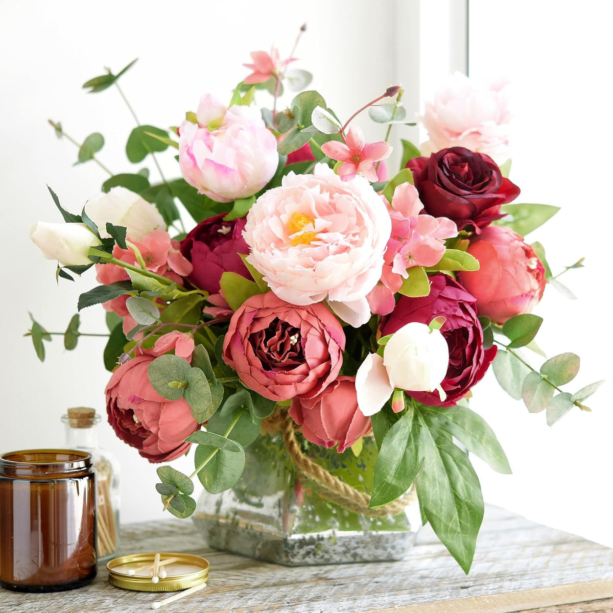 Artificial Peony Bouquet, Pink, Beige & Green Silk Flowers for Wedding Centerpieces, Bridal Bouquets & Home Decor – Spring Waltz