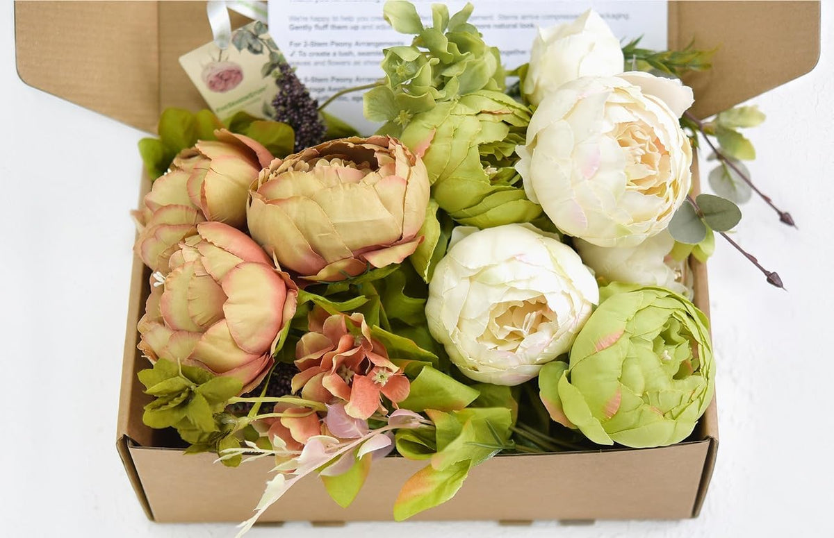 Artificial Peony Bouquet, Pink, Beige & Green Silk Flowers for Wedding Centerpieces, Bridal Bouquets & Home Decor – Spring Waltz