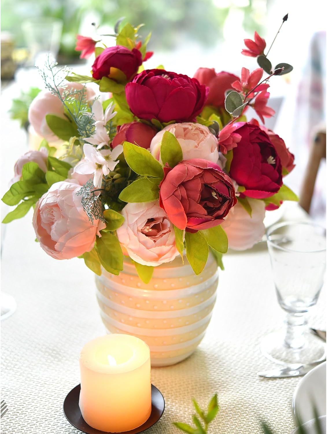 Artificial Peony Bouquet, Pink, Beige & Green Silk Flowers for Wedding Centerpieces, Bridal Bouquets & Home Decor – Spring Waltz