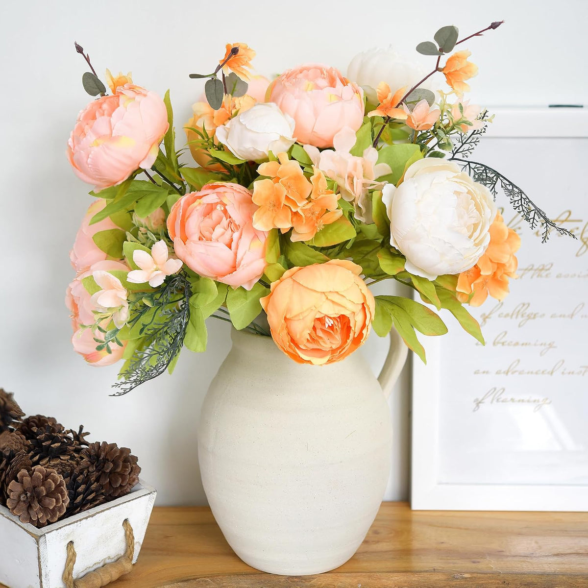 Artificial Peony Bouquet, Pink, Beige & Green Silk Flowers for Wedding Centerpieces, Bridal Bouquets & Home Decor – Spring Waltz