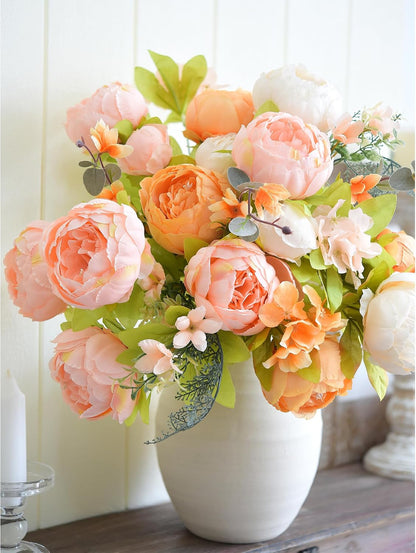 Artificial Peony Bouquet, Pink, Beige & Green Silk Flowers for Wedding Centerpieces, Bridal Bouquets & Home Decor – Spring Waltz