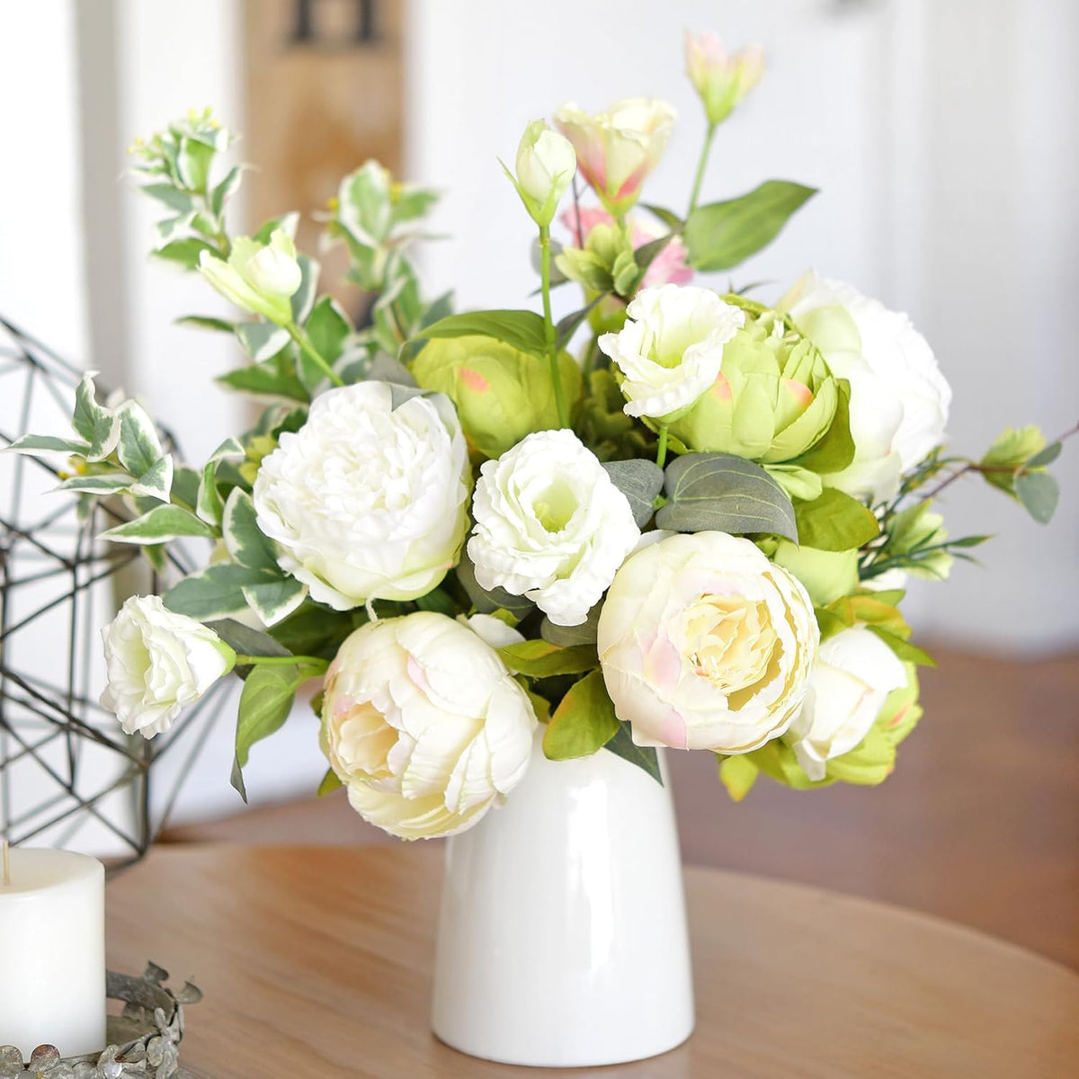 Artificial Peony Bouquet, Pink, Beige & Green Silk Flowers for Wedding Centerpieces, Bridal Bouquets & Home Decor – Spring Waltz