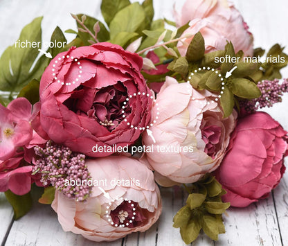 Artificial Peony Bouquet, Pink, Beige & Green Silk Flowers for Wedding Centerpieces, Bridal Bouquets & Home Decor – Spring Waltz