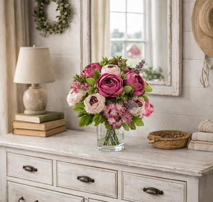 Artificial Peony Bouquet, Pink, Beige & Green Silk Flowers for Wedding Centerpieces, Bridal Bouquets & Home Decor – Spring Waltz