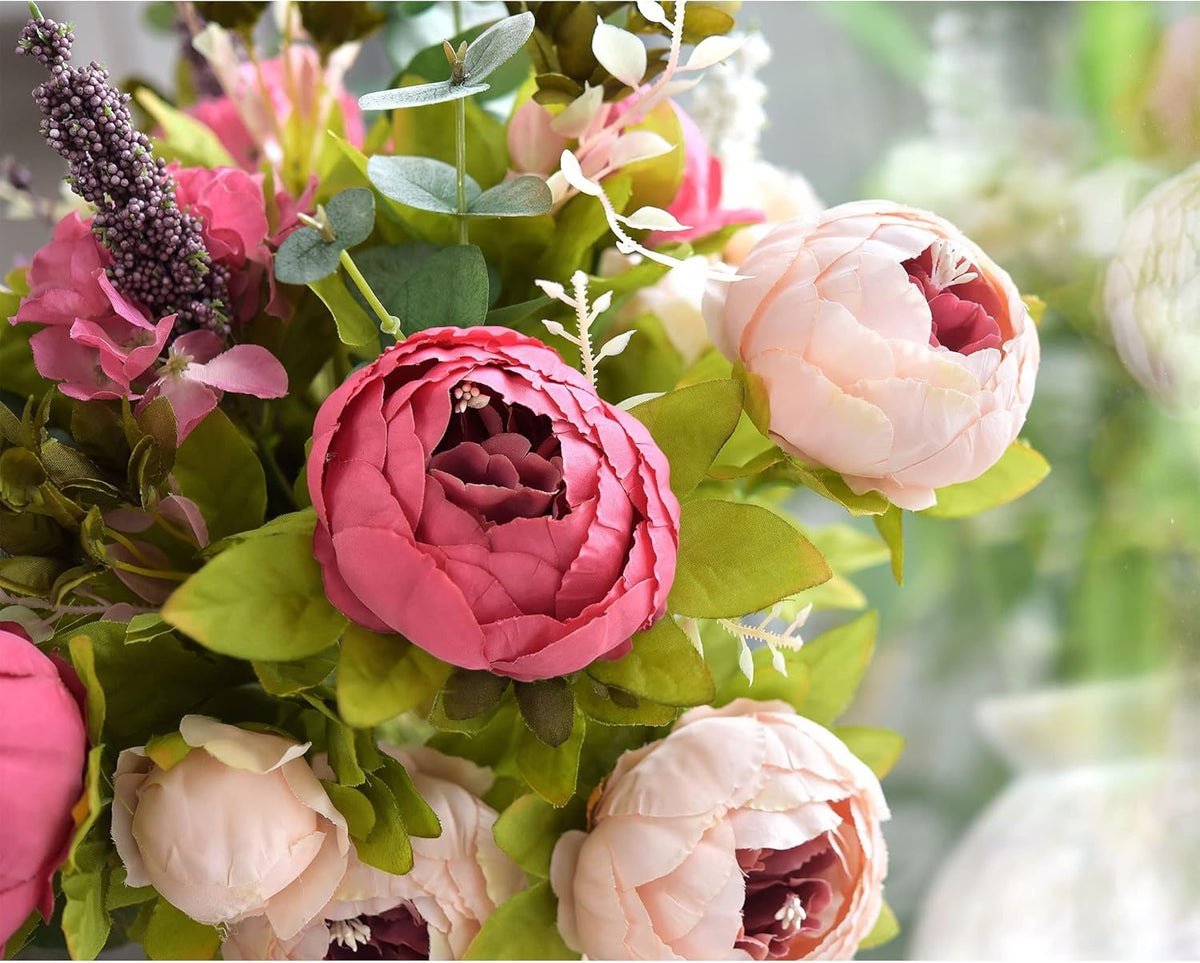 Artificial Peony Bouquet, Pink, Beige & Green Silk Flowers for Wedding Centerpieces, Bridal Bouquets & Home Decor – Spring Waltz