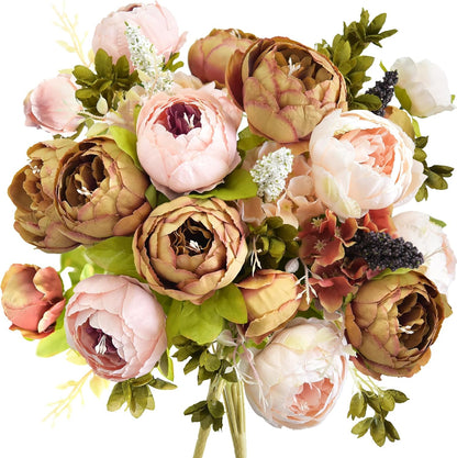 Artificial Peony Bouquet, Pink, Beige & Green Silk Flowers for Wedding Centerpieces, Bridal Bouquets & Home Decor – Spring Waltz
