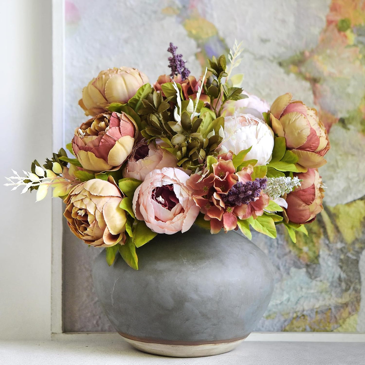 Artificial Peony Bouquet, Pink, Beige & Green Silk Flowers for Wedding Centerpieces, Bridal Bouquets & Home Decor – Spring Waltz