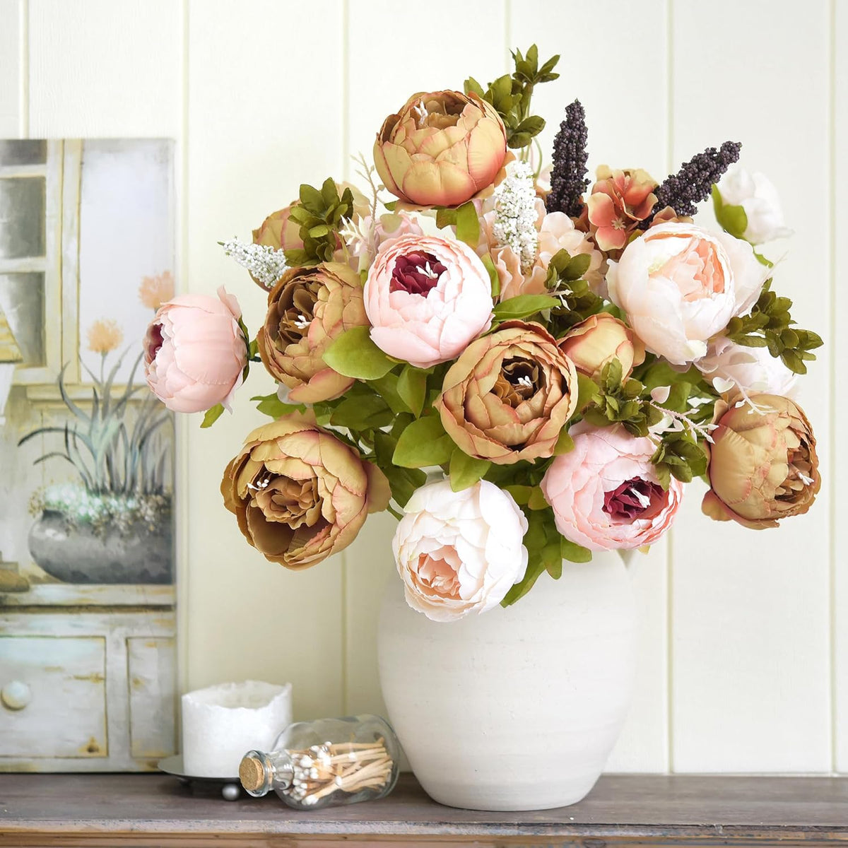 Artificial Peony Bouquet, Pink, Beige & Green Silk Flowers for Wedding Centerpieces, Bridal Bouquets & Home Decor – Spring Waltz