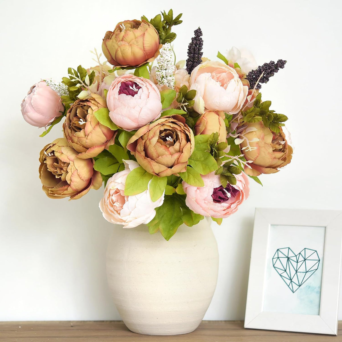 Artificial Peony Bouquet, Pink, Beige & Green Silk Flowers for Wedding Centerpieces, Bridal Bouquets & Home Decor – Spring Waltz