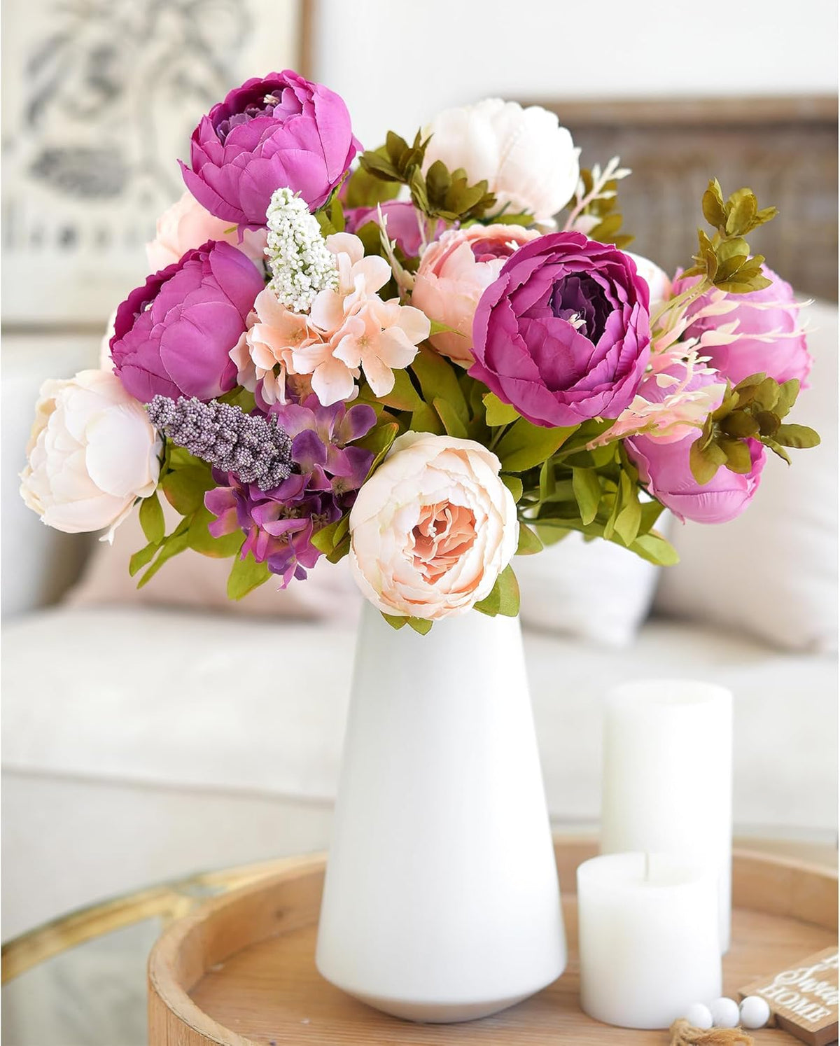 Artificial Peony Bouquet, Pink, Beige & Green Silk Flowers for Wedding Centerpieces, Bridal Bouquets & Home Decor – Spring Waltz