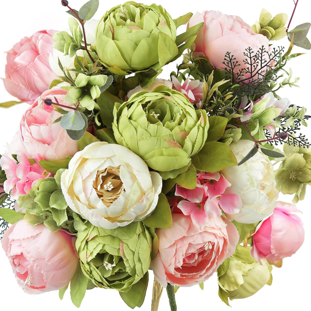 Artificial Peony Bouquet, Pink, Beige & Green Silk Flowers for Wedding Centerpieces, Bridal Bouquets & Home Decor – Spring Waltz