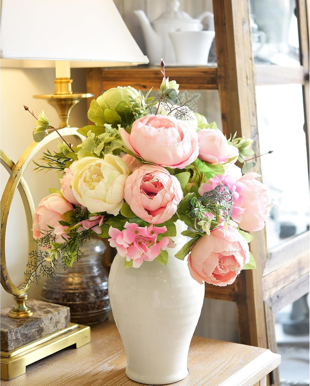 Artificial Peony Bouquet, Pink, Beige & Green Silk Flowers for Wedding Centerpieces, Bridal Bouquets & Home Decor – Spring Waltz