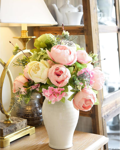 Artificial Peony Bouquet, Pink, Beige & Green Silk Flowers for Wedding Centerpieces, Bridal Bouquets & Home Decor – Spring Waltz