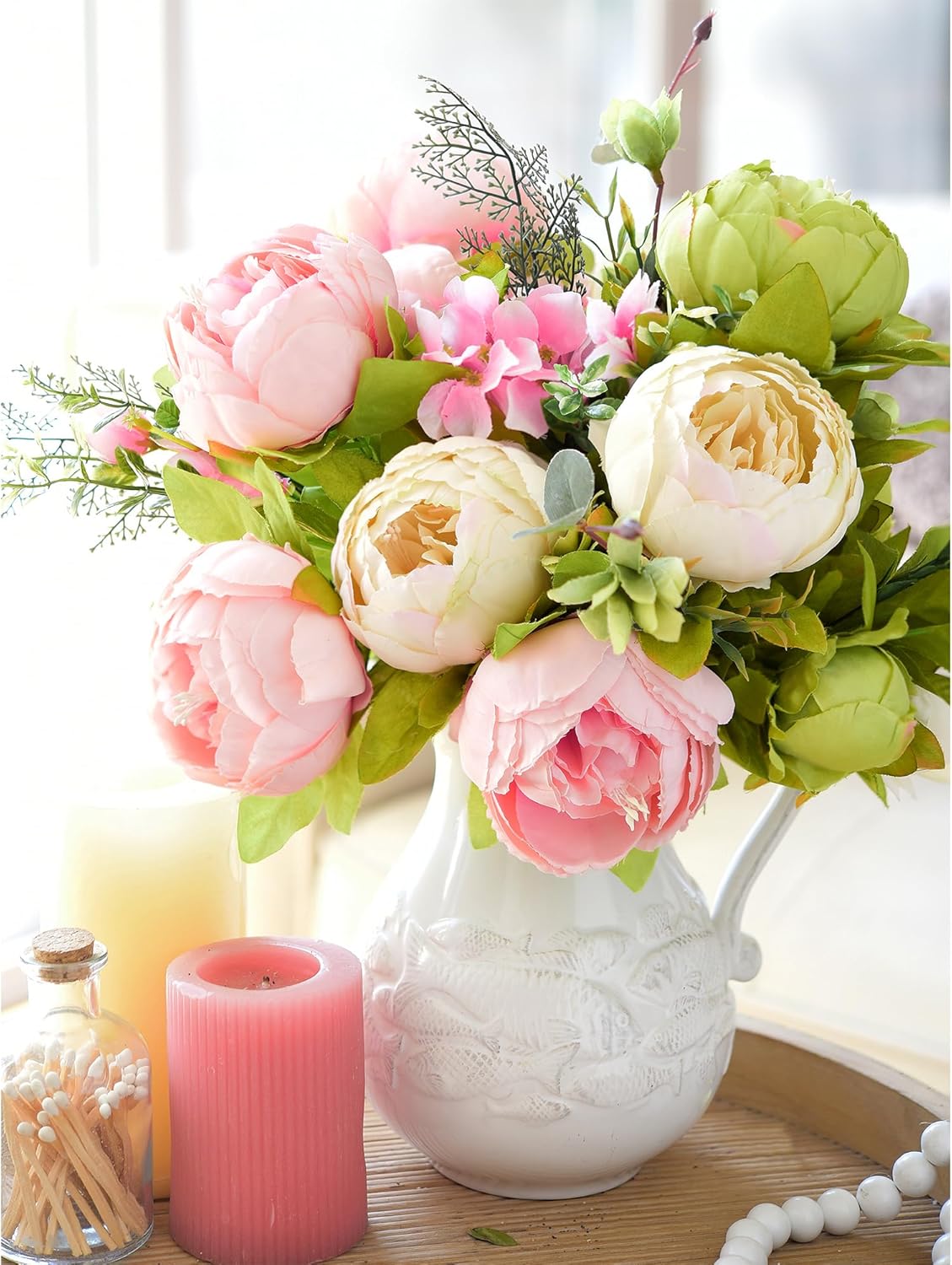 Artificial Peony Bouquet, Pink, Beige & Green Silk Flowers for Wedding Centerpieces, Bridal Bouquets & Home Decor – Spring Waltz