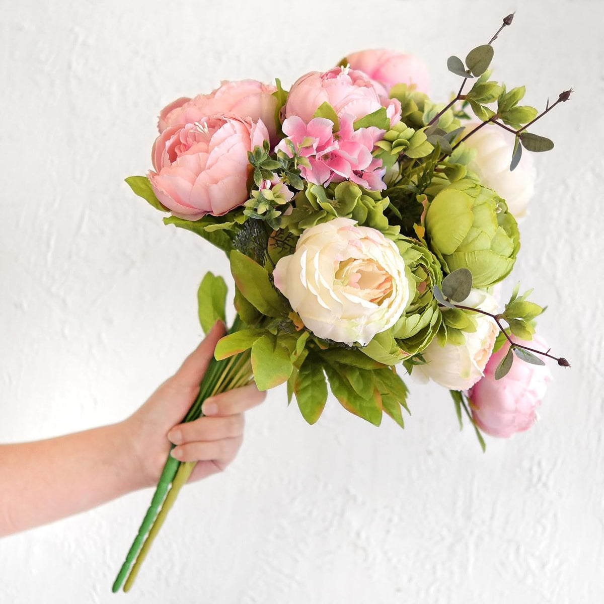 Artificial Peony Bouquet, Pink, Beige & Green Silk Flowers for Wedding Centerpieces, Bridal Bouquets & Home Decor – Spring Waltz