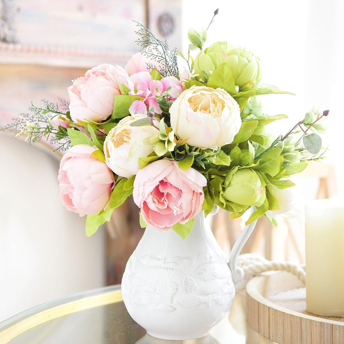 Artificial Peony Bouquet, Pink, Beige & Green Silk Flowers for Wedding Centerpieces, Bridal Bouquets & Home Decor – Spring Waltz