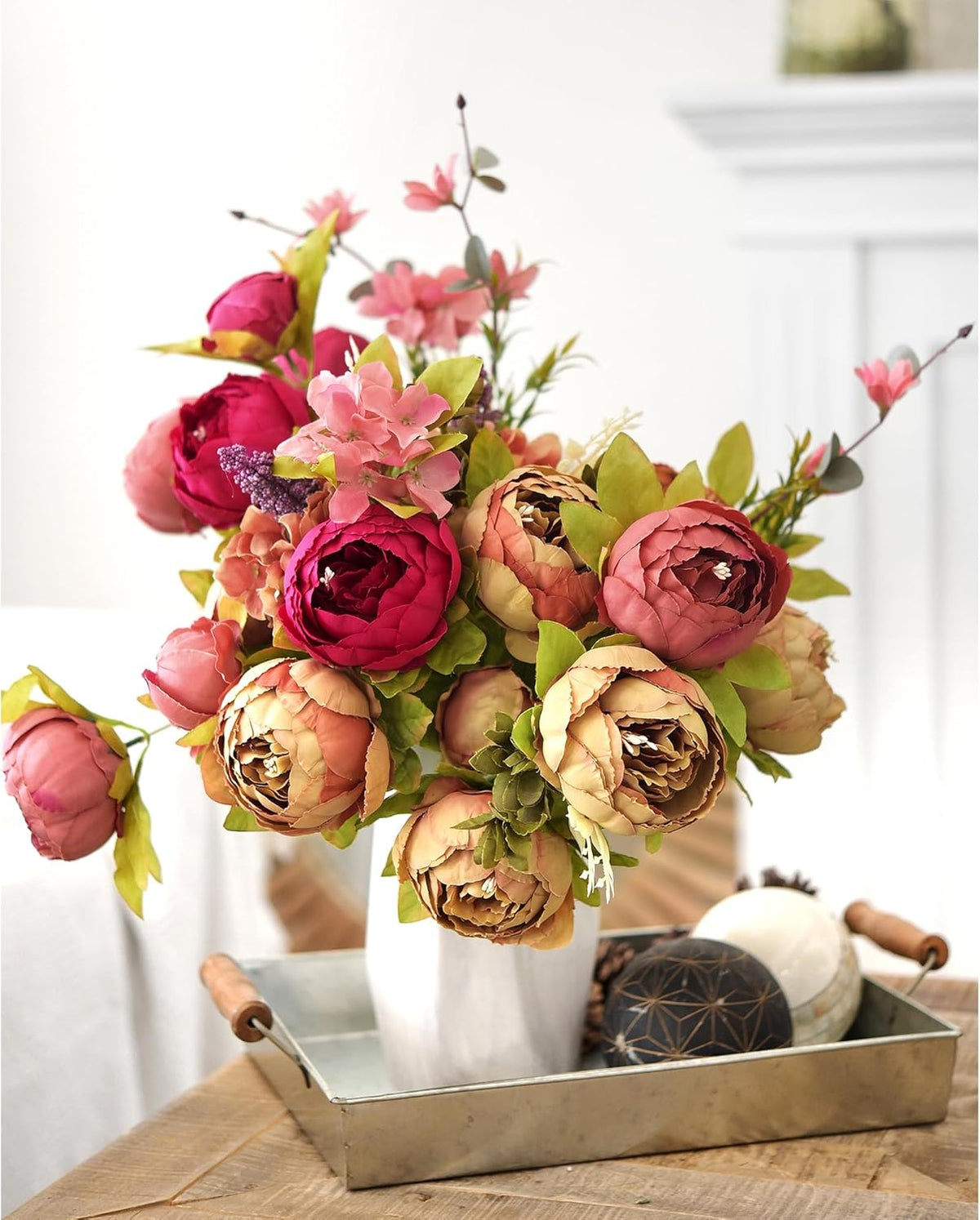 Artificial Peony Bouquet, Pink, Beige & Green Silk Flowers for Wedding Centerpieces, Bridal Bouquets & Home Decor – Spring Waltz