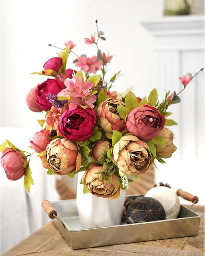 Artificial Peony Bouquet, Pink, Beige & Green Silk Flowers for Wedding Centerpieces, Bridal Bouquets & Home Decor – Spring Waltz
