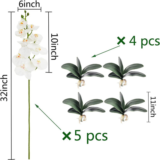 5 Pcs Artificial Phalaenopsis Flowers and 4 Bundles Leaves,Artificial Orchid Flowers with 4 Bundles Leaves Stem Plants for Home Wedding Decoration